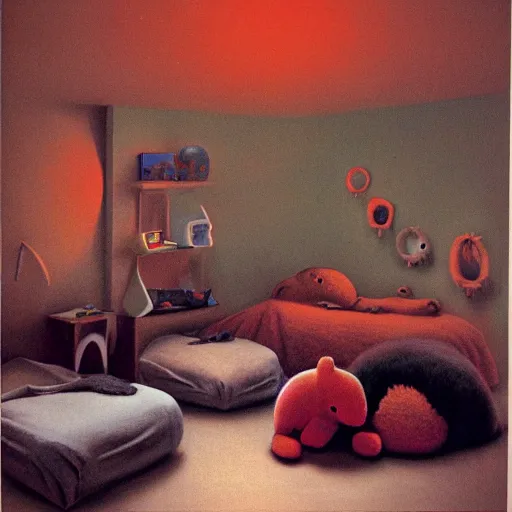 Prompt: An IKEA catalogue photo of a childrens bedroom, with huge cuddly toys, by Beksinski