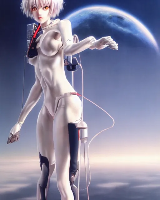 Prompt: rei ayanami by noriyoshi ohrai, hd, hyper detailed, dark, sky, half moon, dark atmosphere, 4 k