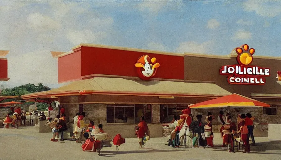 Prompt: jollibee city, by canaletto