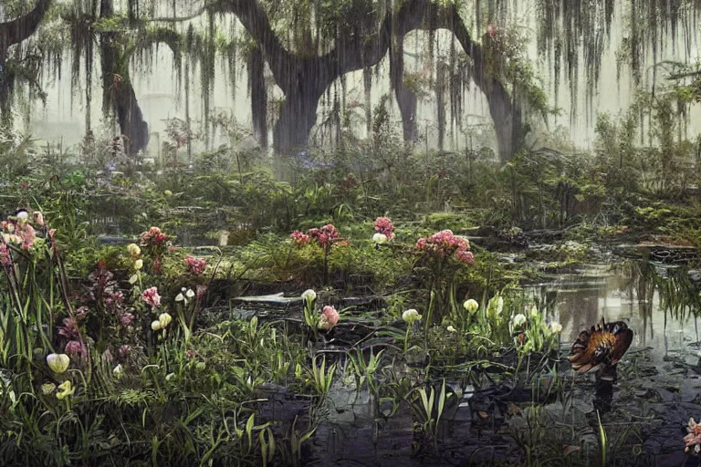 Image similar to hyperrealism, scene from louisiana swamps, starship, spring blooming flowers garden, true detective, 8 0 s japanese sci - fi books art