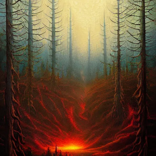 Image similar to a painting of a fire in a forest, a matte painting by Jeffrey Smith, deviantart, fantasy art, apocalypse landscape, apocalypse art, airbrush art