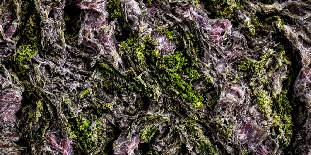 Prompt: details of long lichens and moss growing on flesh and skin, meat, brittle texture details, painitng, wrinkles and muscle tissues, stab wound, oil on canvas, 4k, 8K, photorealistic, soft light, cinematic lighting, sharp, contrasting, dramatic light