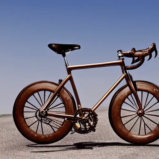 Prompt: modern road bicycle made of chocolate, melting in the sun, high detail sports photography