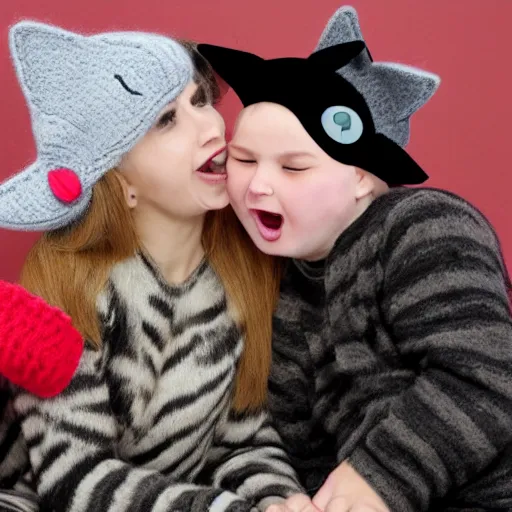 Image similar to cute cat photo licking tongue, wearing wool hat, cat ears