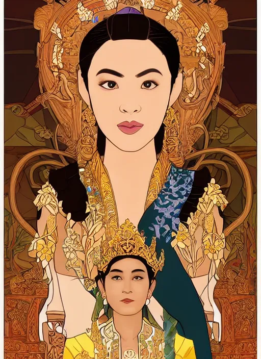 Prompt: well - lit art nouveau portrait of queen sirikrit and king bhumibol adulyadej of thailand, winatural lighting, path traced, real face, thai elegant traditional costume, highly detailed, high quality, cartoon, digital painting, by don bluth and ross tran and studio ghibli and alphonse mucha