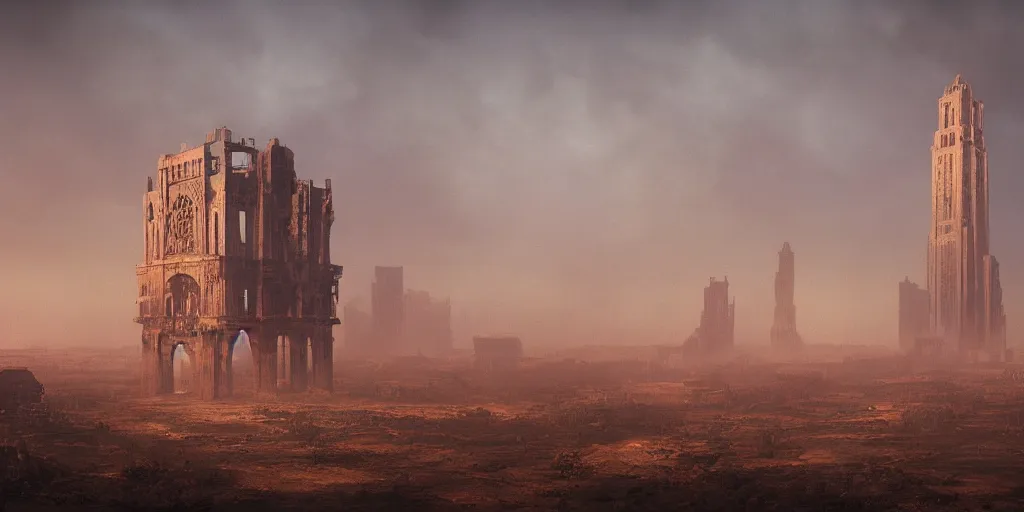 Image similar to tower!!!!!!!!, towers!!!!!!!!, derelict, tall, ancient, atmospheric, beautiful, concept art, desert, civilisation, artstation, hazy, matte painting, highly detailed, volumetric lighting, rays, moody, golden hour, dawn, octane render, digital art, global illumination, city, burning