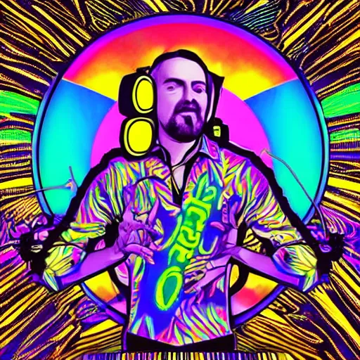 Image similar to svg sticker of a Dancing-Alex-Grey-Psychedelic-Rave-Man, at a rave, spinning records, giant headphones rocking out, wearing headphones, huge speakers, dancing, rave, DJ, spinning records, digital art, amazing composition, rule-of-thirds, award-winning, trending on artstation, featured on deviantart