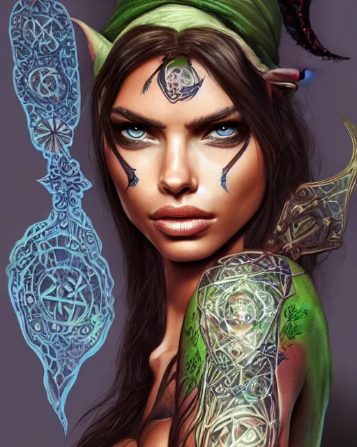 Image similar to close-up face centred portrait Adriana Lima as a female elf, body covered in floral tattoos and elfish runes , open magic book glowing, D&D, fantasy, highly detailed, digital art, fantasy illustration, trending on artstation, smooth, sharp focus, illustration, art by artgem and ROBERT HYNES