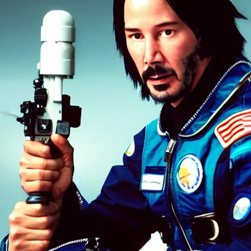 Prompt: Keanu reeves in a spacesuit, headshot, photo still