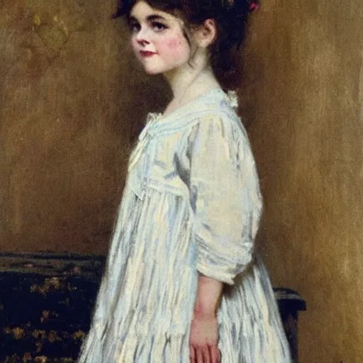 Image similar to victorian girl in nightgown, painting by alfred stevens