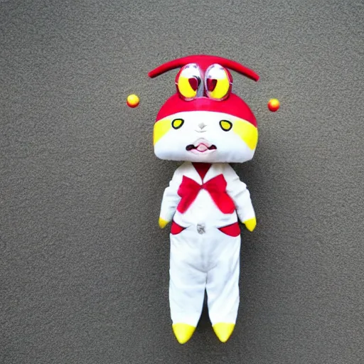 Prompt: 35mm of a very cute, minimal, adorable and creative Japanese mascot character costume, full body view, very magical and dreamy, designed by Gucci,kawaii, magical details