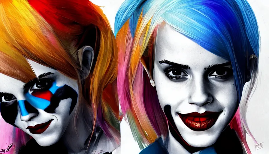 Prompt: emma watson is harley quinn, rainbow brackground, hyperdetailed, artstation, cgsociety, 8 k