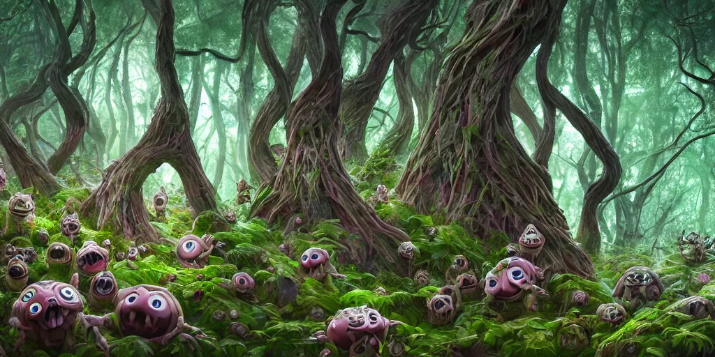 Image similar to of an intricate forest with strange cute friendly happy creatures with huge eyes, mouth, long tongue, round teeth and goofy face, appearing from the background, in the style of gehry and gaudi, macro lens, shallow depth of field, ultra detailed, digital painting, trending artstation, concept art, illustration, cinematic lighting, photorealism, epic, octane render