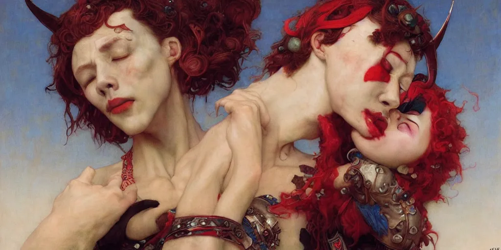 Prompt: epic masterpiece court of the crimson king, crying, jester in acrobatic pose, beautiful face and flawless skin, by Edgar Maxence and Ross Tran and Michael Whelan