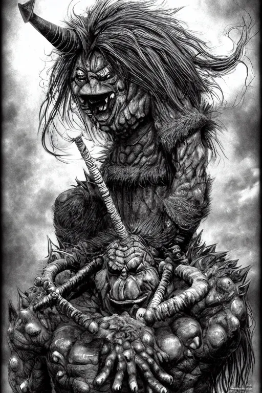 Image similar to hunched troll with a horn on his head, fantasy, highly detailed, digital art, sharp focus, trending on art station, kentaro miura manga art style