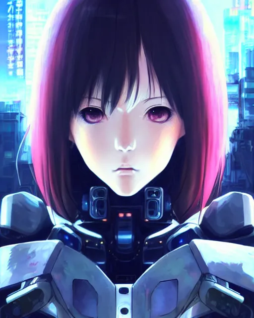 Image similar to portrait Anime Girl in mecha armor in night tokyo Sharp fine face pretty face, realistic shaded Perfect face, fine details. Anime. cyberpunk realistic shaded lighting by katsuhiro otomo ghost-in-the-shell, magali villeneuve, artgerm, rutkowski Jeremy Lipkin and Giuseppe Dangelico Pino and Michael Garmash and Rob Rey