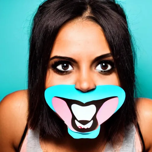 Image similar to beautiful Girl with a bandana, big mouth, big eyes, short black hair, close up