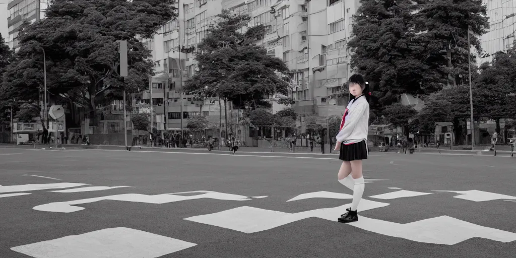 Image similar to a girl with long hair on japanese uniform high school, waiting on a crosswalk, urban city background, digital art, 8 k,