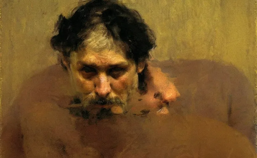 Image similar to high quality high detail painting by ilya repin, desperate man suffering from solitude, hd
