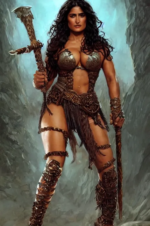 Prompt: muscled Salma Hayek as a ruggedly beautiful barbarian heroine, intricate, elegant, highly detailed, centered, digital painting, artstation, concept art, smooth, sharp focus, illustration, art by artgerm and donato giancola and Joseph Christian Leyendecker, Ross Tran, WLOP