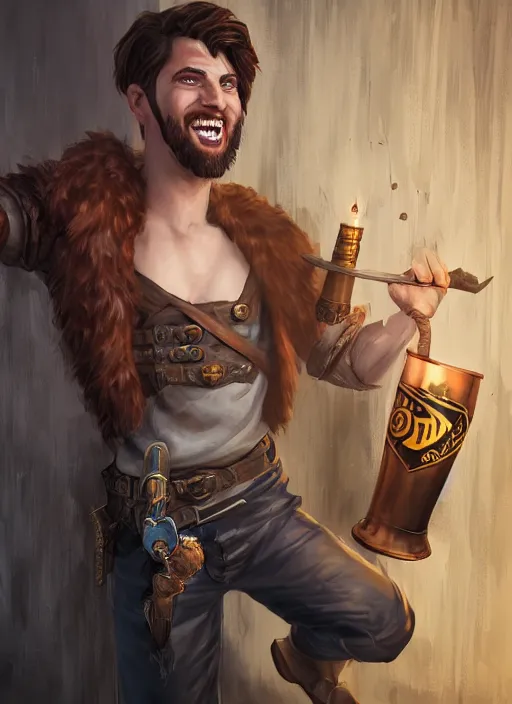 Image similar to An epic fantasy comic book style portrait painting of a handsome young man with brown wavey hair, wearing thief clothing in a tavern and smiling with a wooden tankard in hand, unreal 5, DAZ, hyperrealistic, octane render, cosplay, RPG portrait, dynamic lighting