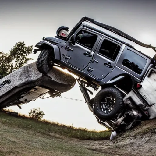 Prompt: a jeep wrangler flipped upside down