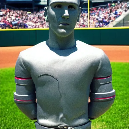 Image similar to “a realistic detailed photo of a guy who is an attractive humanoid who is half robot and half humanoid, who is a male android, baseball player Mike Trout, shiny skin, posing like a statue, blank stare, on the baseball field, on display”