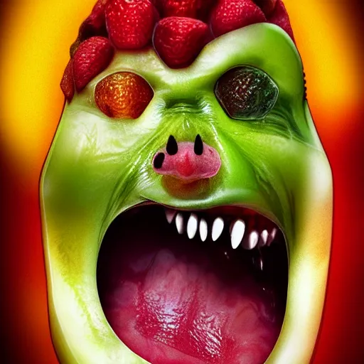 Prompt: photorealistic render of a screaming human face made out of fruits