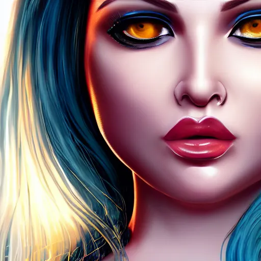 Image similar to portait of haifa wehbe, concept art, perfect lips, lollipop mouth, long hair centred, hd, very detailed curve, digital painting, unreal engine, amazing blue background theme