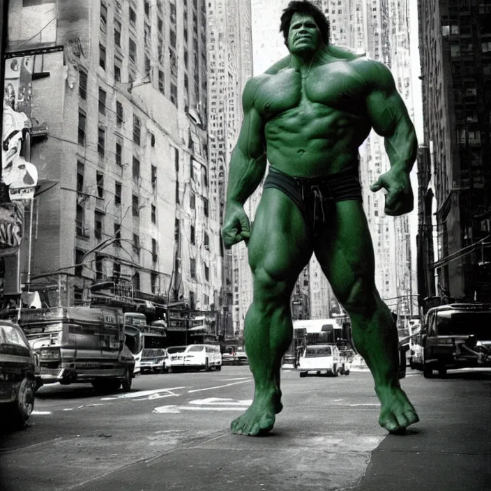 Image similar to a color photo portrait of the incredible hulk in new york city by richard avedon dramatic lighting.