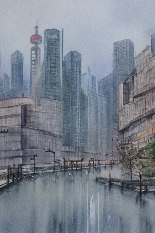 Image similar to A watercolor depicting an empty Shanghai Xujiahui, gloomy weather, high contrast, smooth, by Joseph Zbikowicz, 8k