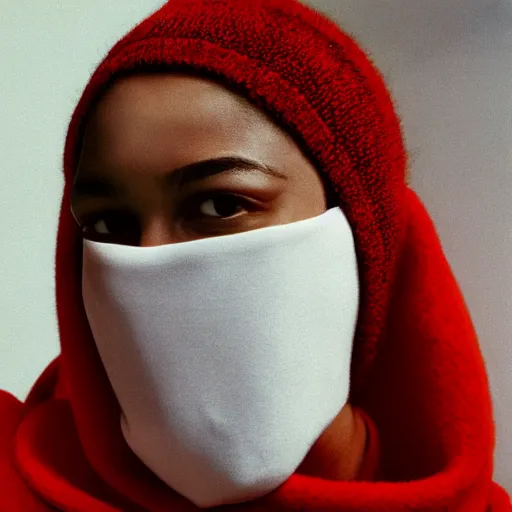 Image similar to realistic photoshooting for a new balenciaga lookbook, color film photography, portrait of a beautiful woman, model is wearing a balaclava mask, in style of tyler mitchell, 3 5 mm,