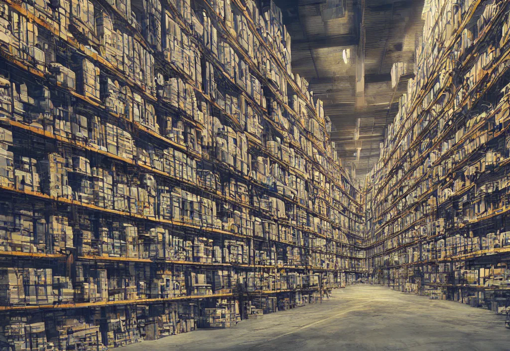 Prompt: a painting of a warehouse with huge shelves in which stacks of paper are stored, cyberpunk, high contrast