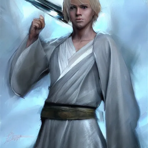 Image similar to a young blonde male jedi with short hair looking away at a threat full body shot concept art by Doug Chiang cinematic concept art, realistic painting, high definition, digital art, matte painting, symmetrical, very detailed, realistic, dramatic lighting, cinematic, establishing shot, extremely high detail, photo realistic, cinematic lighting, post processed, concept art, artstation, matte painting, red color scheme