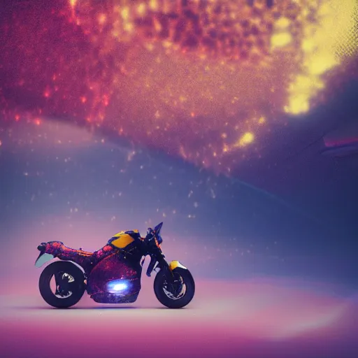 Prompt: a motorcycle floating in space inside magic colorful glowing sparkling fog, starry sky, tranquil, desolate, atmospheric, hazy, autochrome, 8k, photo, octane render, unreal engine 5