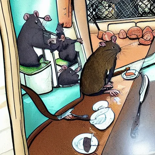 Prompt: rats in a subway eating a can of bean with table manners