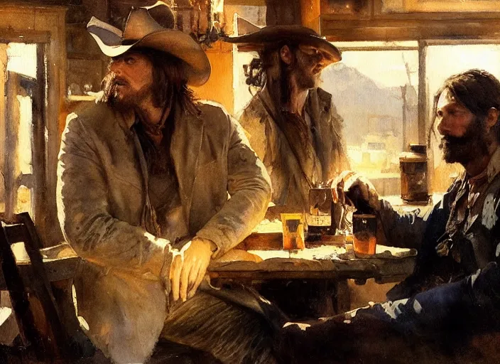 Image similar to oil watercolor painting of young rugged guy in western bar, stubble, long hair, mysterious light, art by anders zorn, wonderful masterpiece by greg rutkowski, beautiful cinematic light, american romanticism by greg manchess, creation by tyler edlin