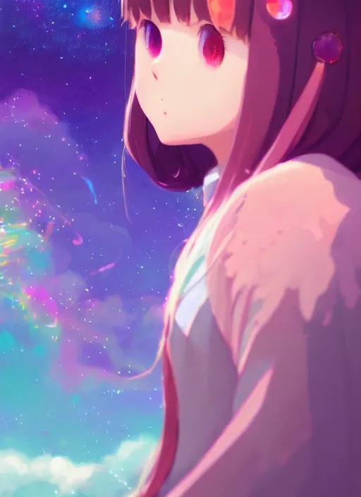 Prompt: portrait of a cute wizard girl, very psychedelic rainbow space background illustration concept art anime key visual trending pixiv fanbox by wlop and greg rutkowski and makoto shinkai and studio ghibli and kyoto animation