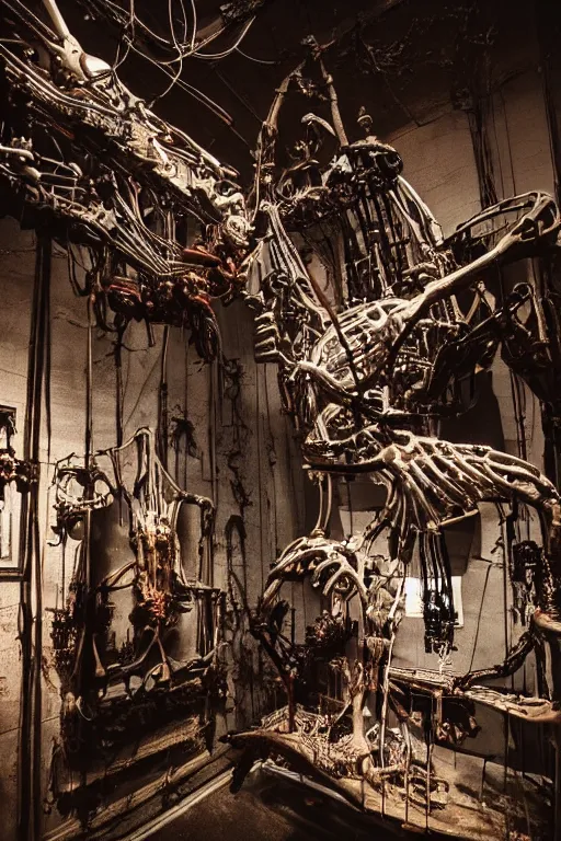 Image similar to inside a museum, a room where body parts are piece of arts at night biomechanical, filth and grim, wires and strings, very detailed, ultra realistic photography, grainy image