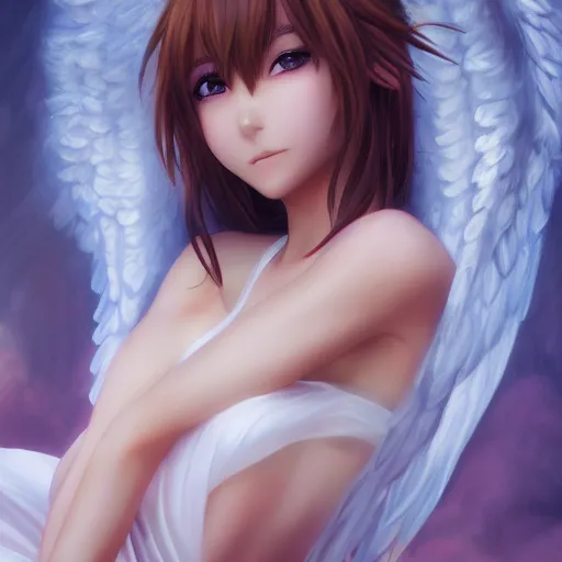 Prompt: an oil painting of a beautiful anime girl with angel wings, by artgerm, hd, hdr, ue 5, ue 6, unreal engine 5, cinematic 4 k wallpaper, 8 k, ultra detailed, high resolution, artstation, award winning