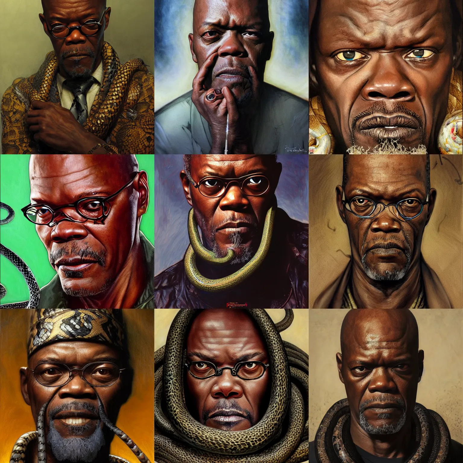 Prompt: Portrait of Samuel L Jackson wrapped in snakes and finger up his nose, unreal, fantasy, intricate, elegant, dramatic, highly detailed, photorealistic, digital painting, painterly, artstation, concept art, smooth, sharp focus, art by John Collier and Krenz Cushart and Artem Demura and Alphonse Mucha and Albert Aublet