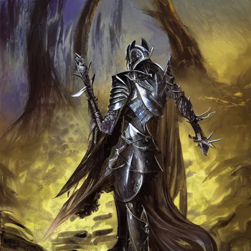 Image similar to elric of melnibone, silver and gold armor, in a metal forests, art by jeff catherine jones