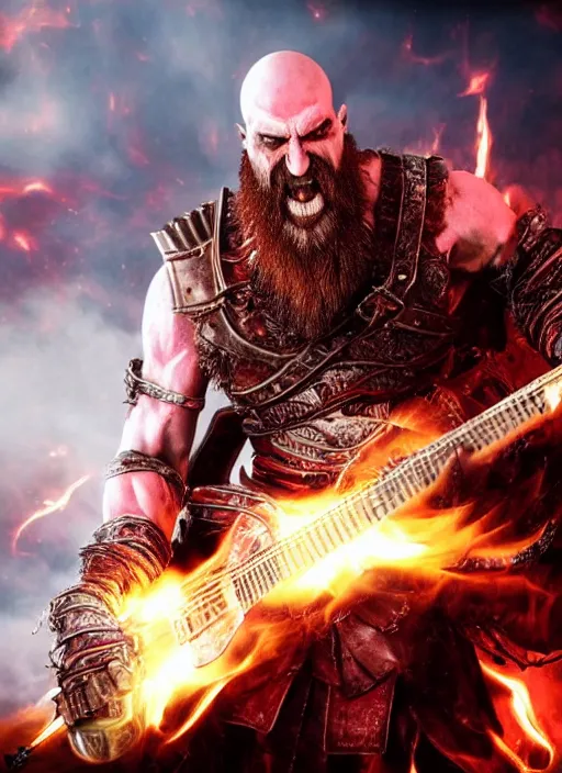 Image similar to armored screaming kratos rocking out on a flaming stratocaster guitar, cinematic render, god of war 2 0 1 8, playstation studios official media, lightning, flames, left eye red stripe, red left eye stripe, left eye red stripe, red left eye stripe, clear, coherent
