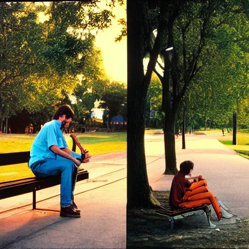 Prompt: 1 9 9 0 s candid 3 5 mm photo of a man sitting on a bench in a park playing guitar, cinematic lighting, cinematic look, golden hour, the clouds are epic and colorful with cinematic rays of light, photographed by petra collins, hyper realistic