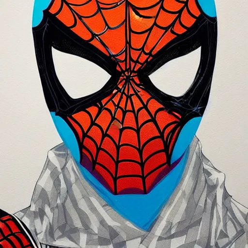 Image similar to Spiderman in orange and turquoise painted by Conrad Roset, detailed brushstrokes