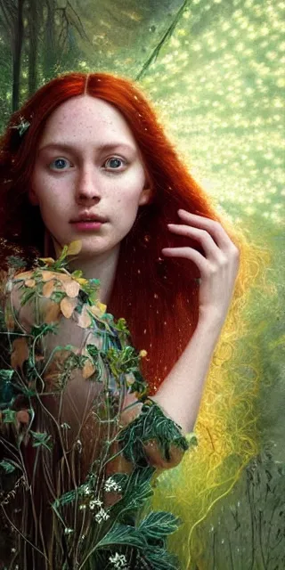 Image similar to amazed and serene young woman, surrounded by firefly lights, full covering intricate detailed dress, amidst nature, long red hair, precise linework, accurate green eyes, small nose with freckles, beautiful smooth oval shape face, empathic, expressive emotions, dramatic lights, hyper realistic ultrafine art by artemisia gentileschi, jessica rossier, boris vallejo