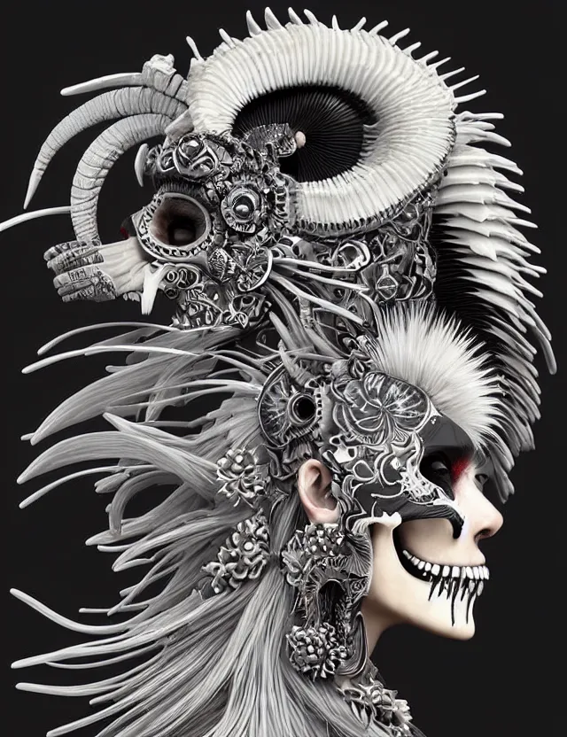 Image similar to 3 d goddess close - up profile simple portrait punk skull with mohawk with ram skull. beautiful intricately detailed japanese crow kitsune mask and clasical japanese kimono. betta fish, jellyfish phoenix, bio luminescent, plasma, ice, water, wind, creature, artwork by tooth wu and wlop and beeple and greg rutkowski