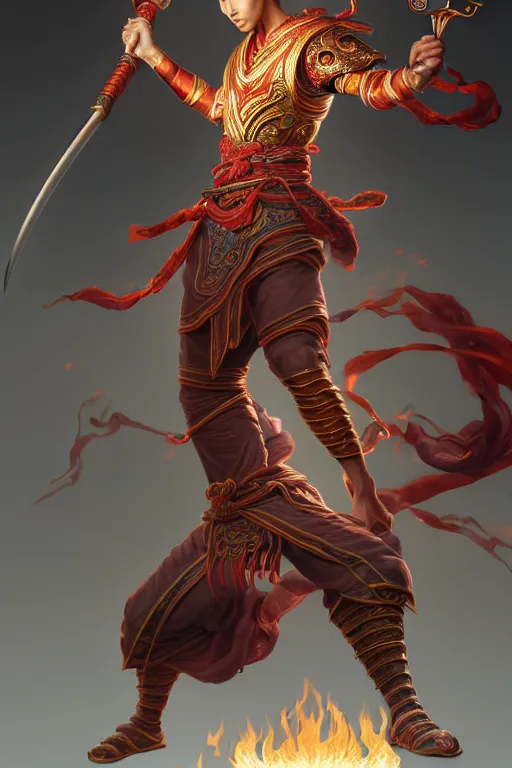 Image similar to handsome nezha, highly detailed, man holding spear, flame everywhere, epic pose, masterpiece chinese fantasy character portrait, highly detailed, digital painting, trending on artstation, concept art, sharp focus, illustration, global illumination, ray tracing, realistic shaded, art by artgerm and greg rutkowski and fuji choko and viktoria gavrilenko and hoang lap