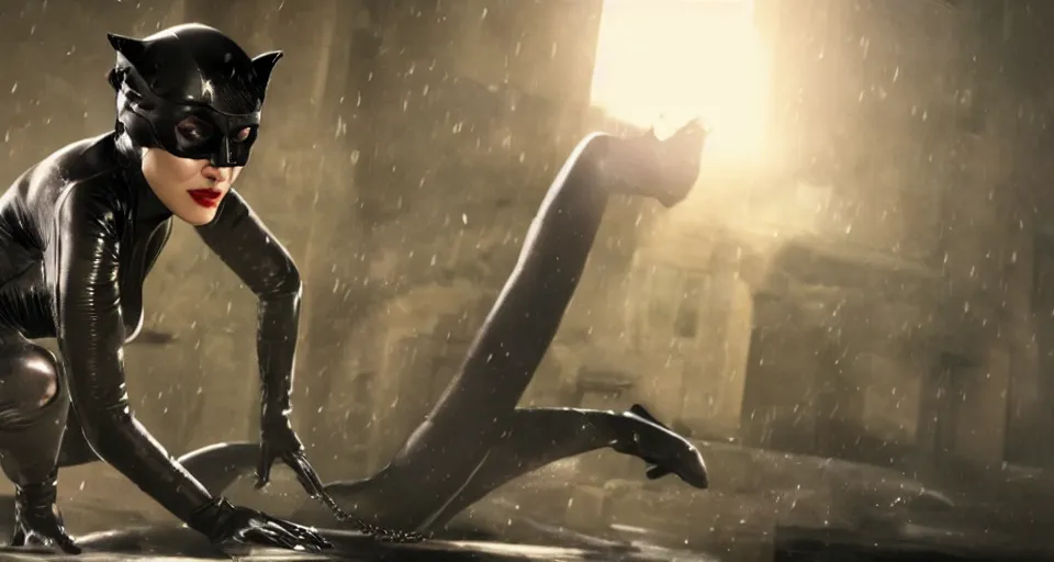 Image similar to Monica Belluci As Catwoman, volumetric lighting, hyperrealistic, photorealistic, beautiful details, HDR, octane render, action shot, wide angle, bokeh