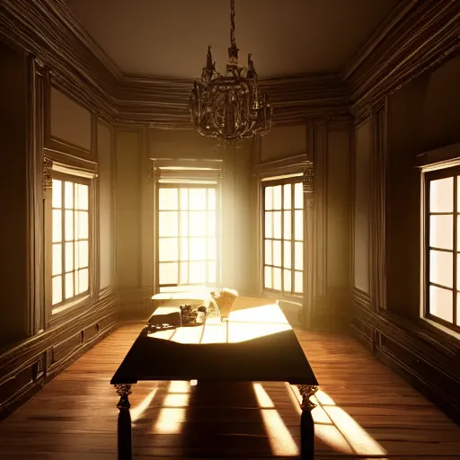 Prompt: inside a victorian dining room with bookcases on the walls, sunlight shines through the windows and produces rays of light in the dust ray traced unreal 5, ultra details